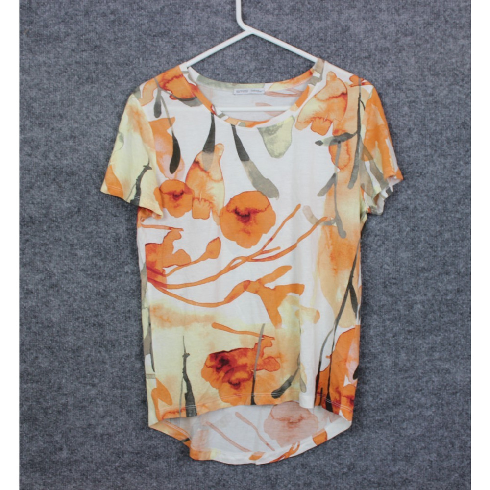 Zara W/B Collection T-Shirt Women's Small White & Orange Floral Print Short Slee